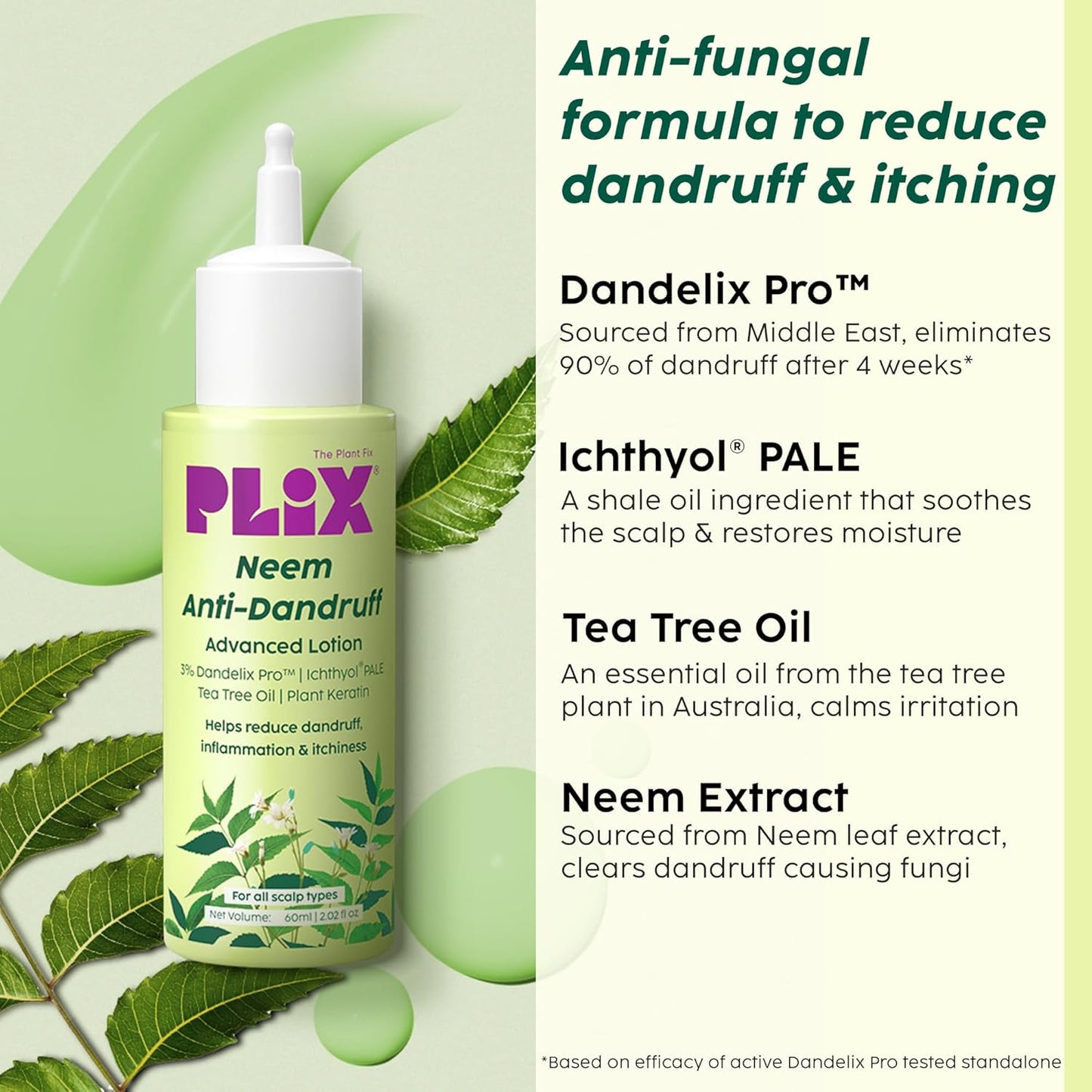 Plix Neem Anti-Dandruff Advanced Lotion | Reduce Dandruff, Itching & Irritation | With Dandelix Pro & Ichthyol PALE | Paraben & Sulphate Free, (60ml)