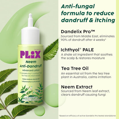 Plix Neem Anti-Dandruff Advanced Lotion | Reduce Dandruff, Itching & Irritation | With Dandelix Pro & Ichthyol PALE | Paraben & Sulphate Free, (60ml)