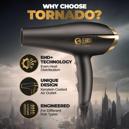 Beardo Studio Professional Tornado Hair Dryer with 2000 Watts Power | AC Motor, Concentrator, Diffuser, 2 Speeds, 3 Temperature Settings & Cool Shot feature