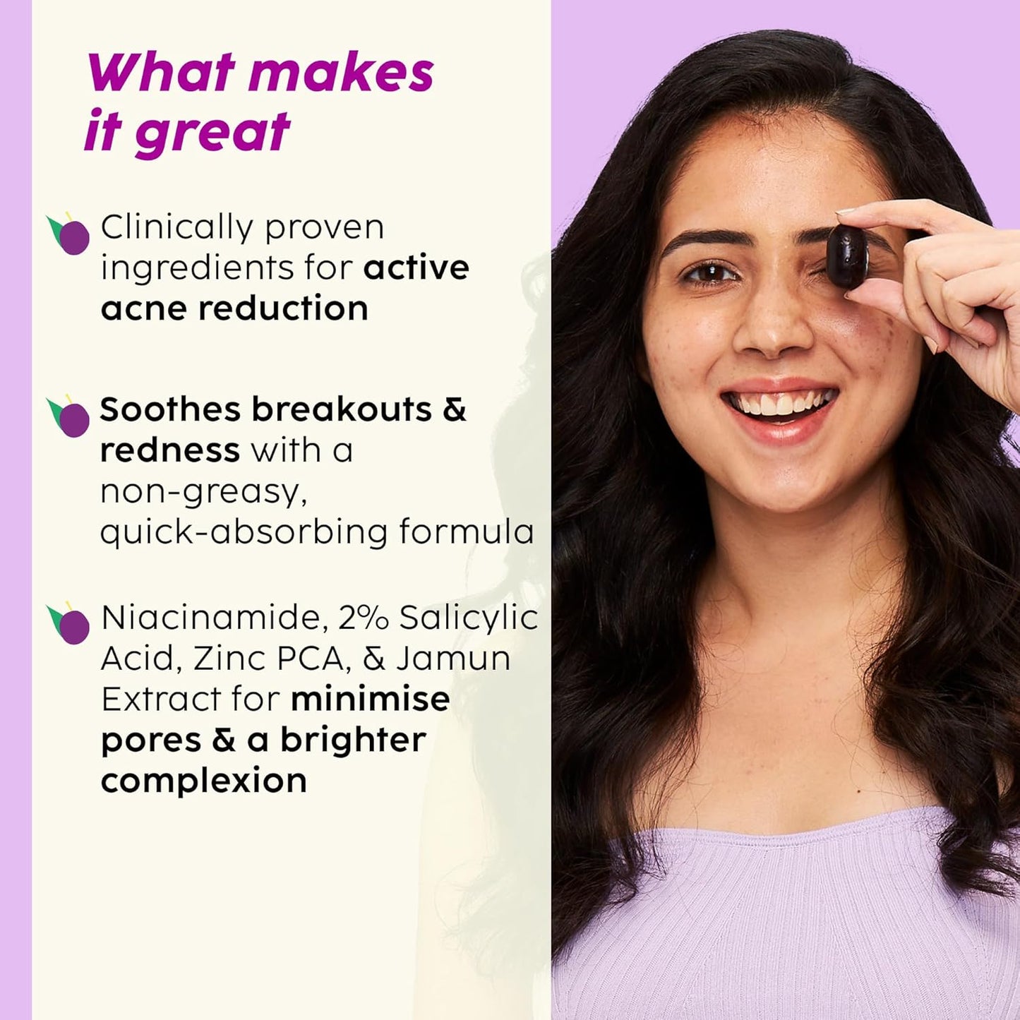Plix Jamun Active Acne Range With Cleanser, 2% Salicylic Acid Serum, Smoothie Moisturizer, & Toner l Reduces Active Acne