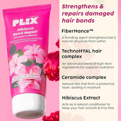 Plix Hibiscus Bond Repair Advanced Conditioner | Repairs Hair Molecular Structure & Reduces Breakage With Fiberhance & Technohyal Hair Complex | 175Ml