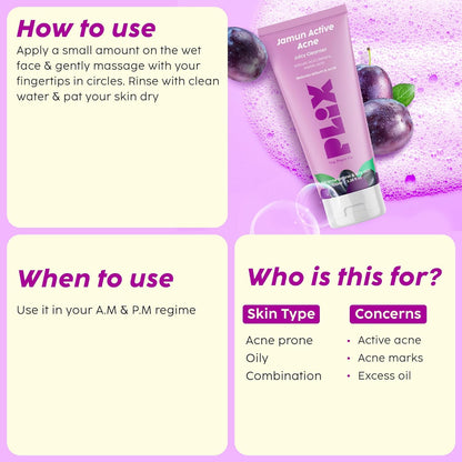 Plix Jamun Active Acne Range With Cleanser, 2% Salicylic Acid Serum, Smoothie Moisturizer, & Toner l Reduces Active Acne