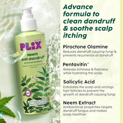 Plix Neem Anti-Dandruff Advanced Shampoo | Piractone Olamine & Pentavitin Paraben & Sulphate Free 200ml
