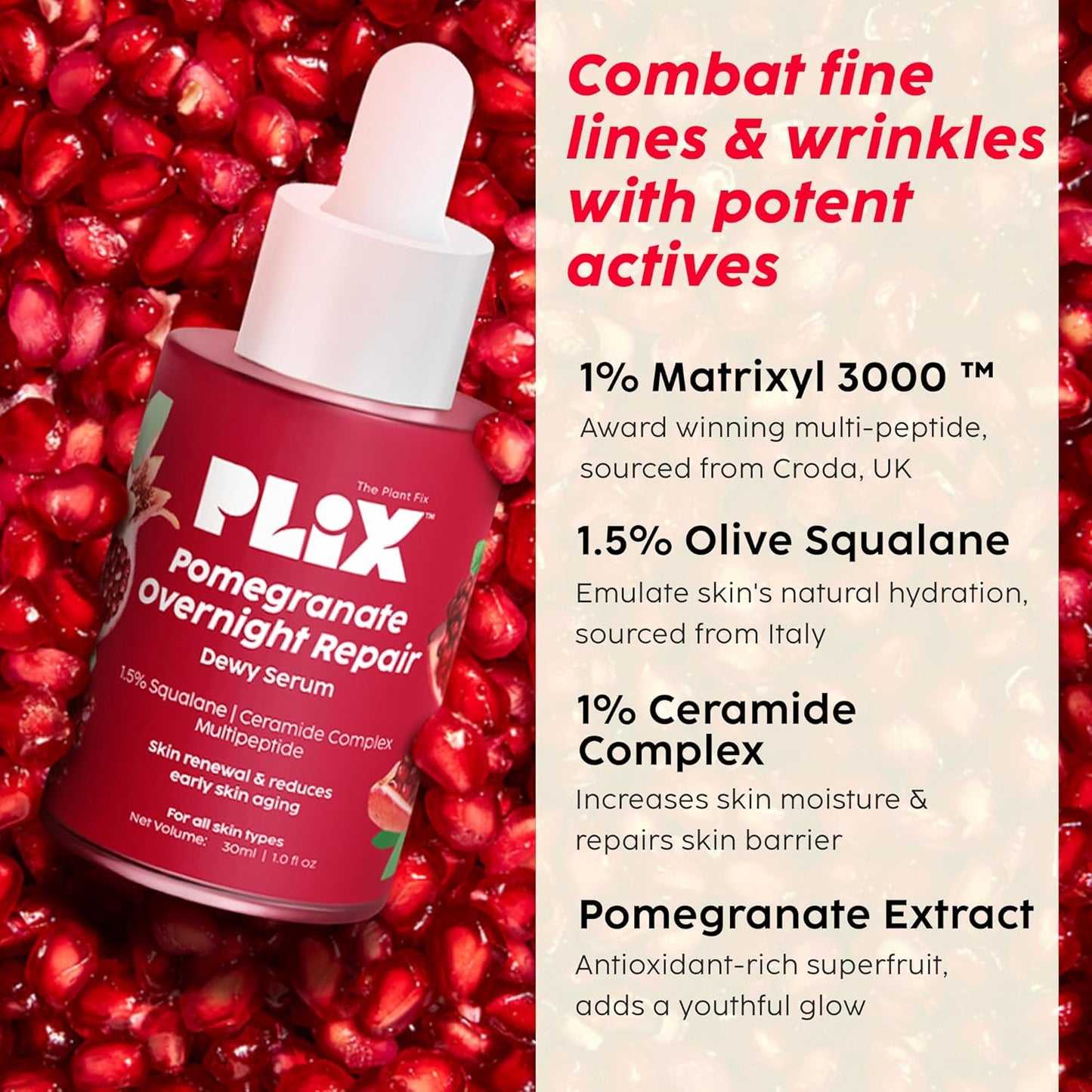 PLIX - THE PLANT FIX Pomegranate Overnight Repair Dewy Serum (30ml) for Ageless Younger Skin | Reduce Fine Lines & Wrinkles | Collagen Boosting, Hydrating Serum