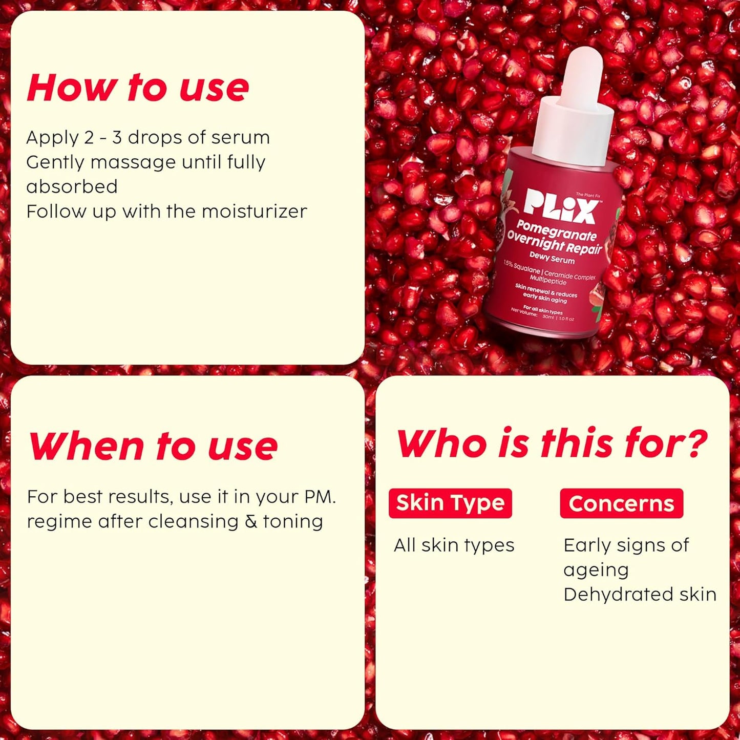 PLIX - THE PLANT FIX Pomegranate Overnight Repair Dewy Serum (30ml) for Ageless Younger Skin | Reduce Fine Lines & Wrinkles | Collagen Boosting, Hydrating Serum