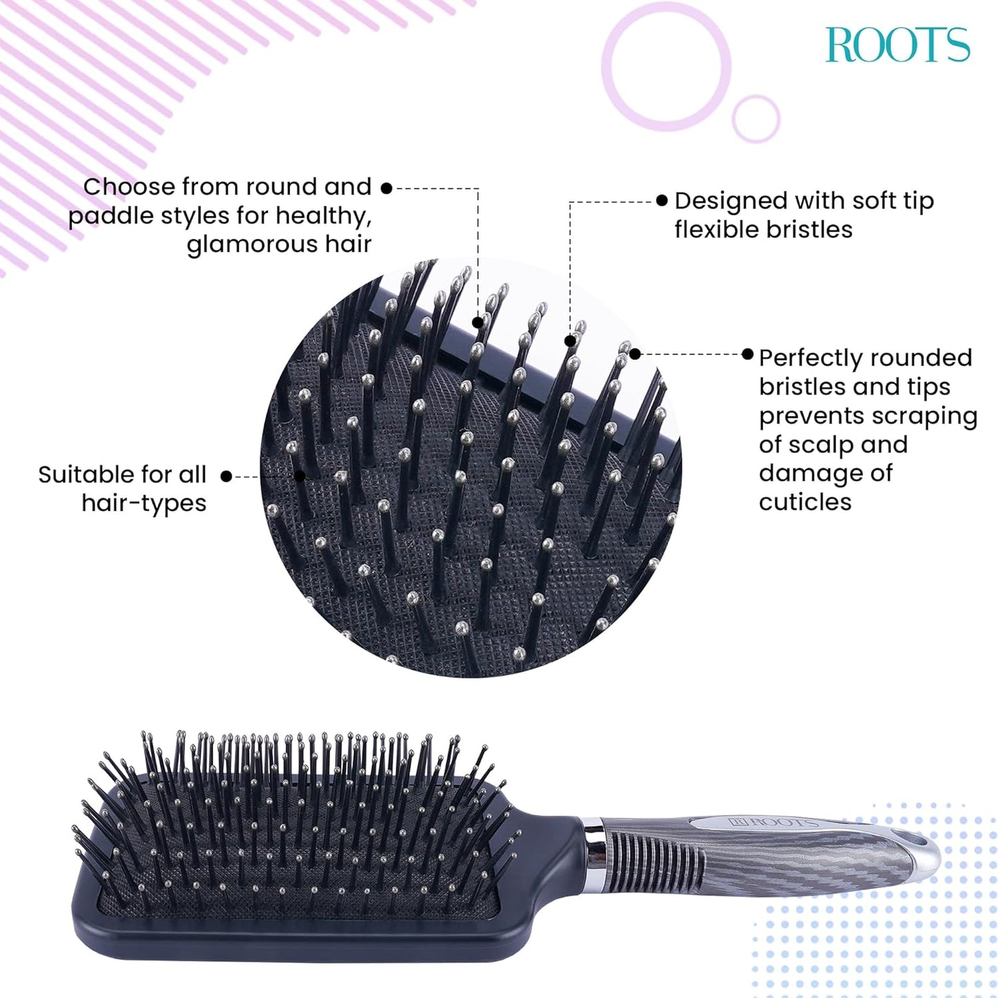 ROOTS Truglam Grey Paddle Hair Brush | Soft Tip Flexible Bristles | Prevent Scalp Scraping & Cuticle Damage |Length - 10 Inch, Model No - SLV88
