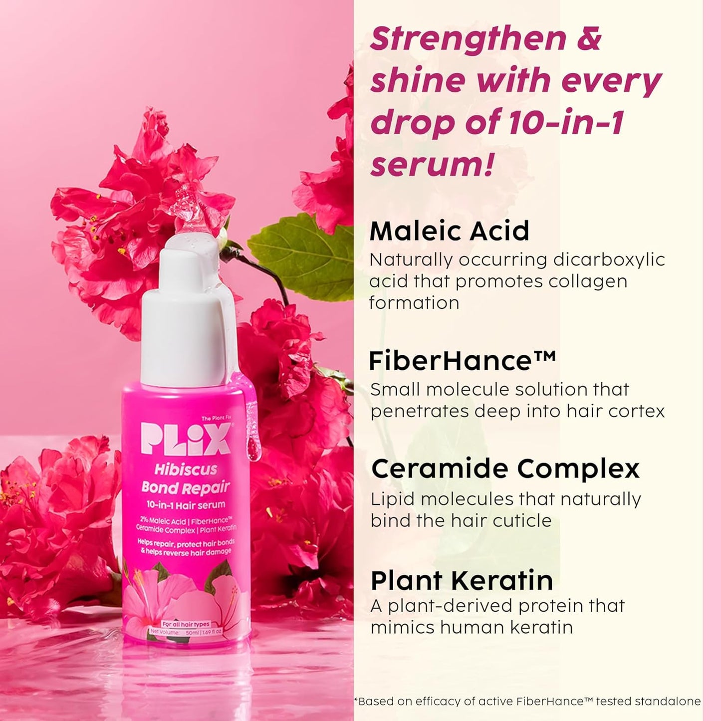 PLIX - THE PLANT FIX Hibiscus Bond Repair 10-in-1 Hair Serum | FiberHance™ | Repairs Damage Hair | Strengthens Keratin Structure | Provides 3X strengthening | 50ml
