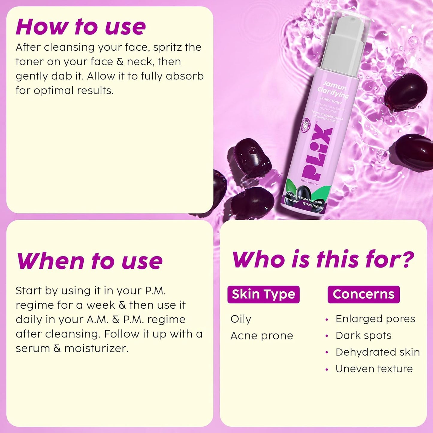 PLIX - THE PLANT FIX Jamun Clarifying Fruity Toner (150 Ml)|With Niacinamide & Jamun Extract|Targets Clogged Pores & Smoothens Skin|For Oily & Acne Prone Skin 150ml