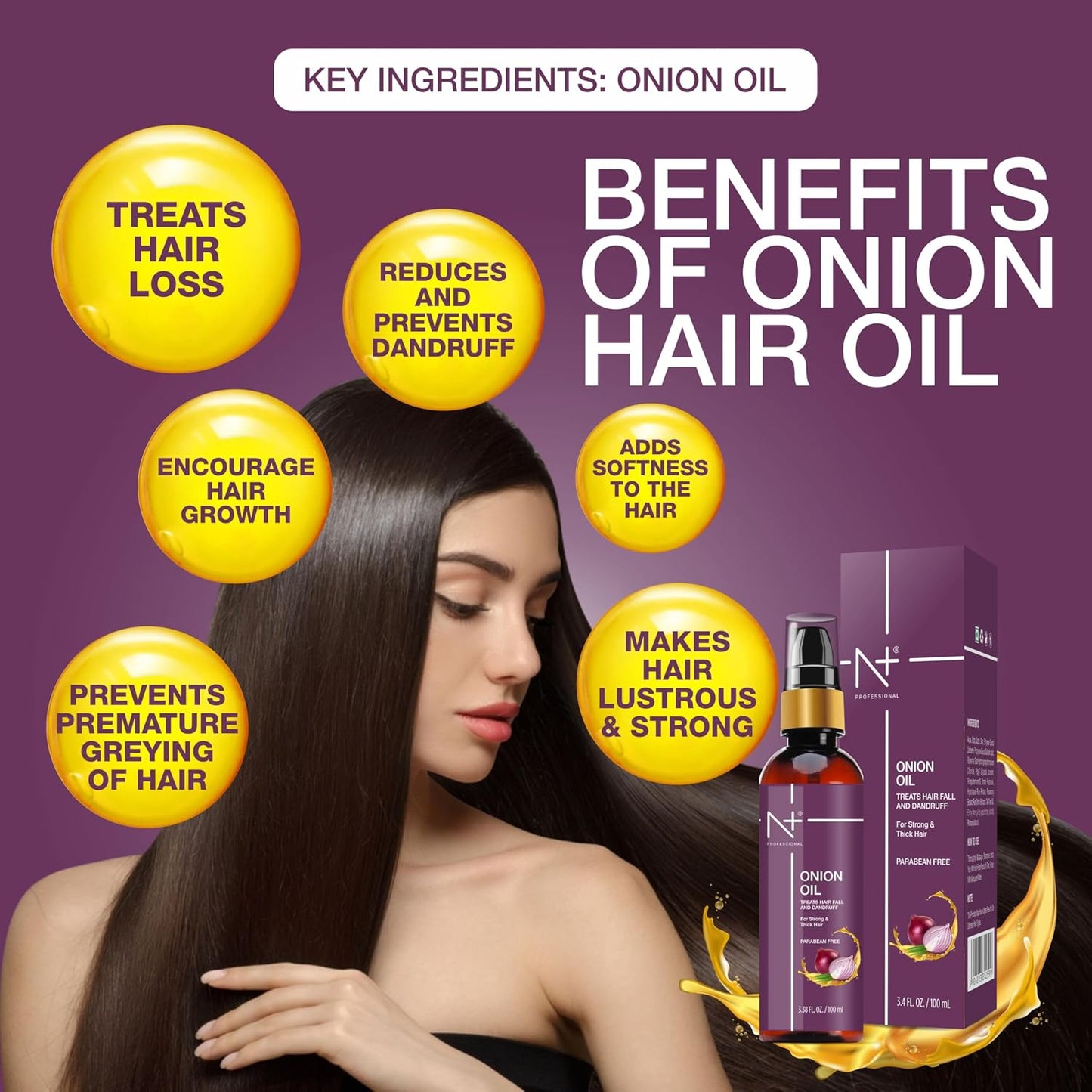 N+ Professional Onion Hair Oil | Enriched with Onion Extract | Reduces Hair Fall, Controls Dandruff & Strengthens Hair | Nourishing & Scalp-Revitalizing