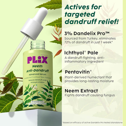 PLIX - THE PLANT FIX Neem Anti-Dandruff Advanced Serum | 3% Dandelix Pro™ & Ichthyol® Pale| Quick absorbing, Non-greasy & Lightweight | 50ml