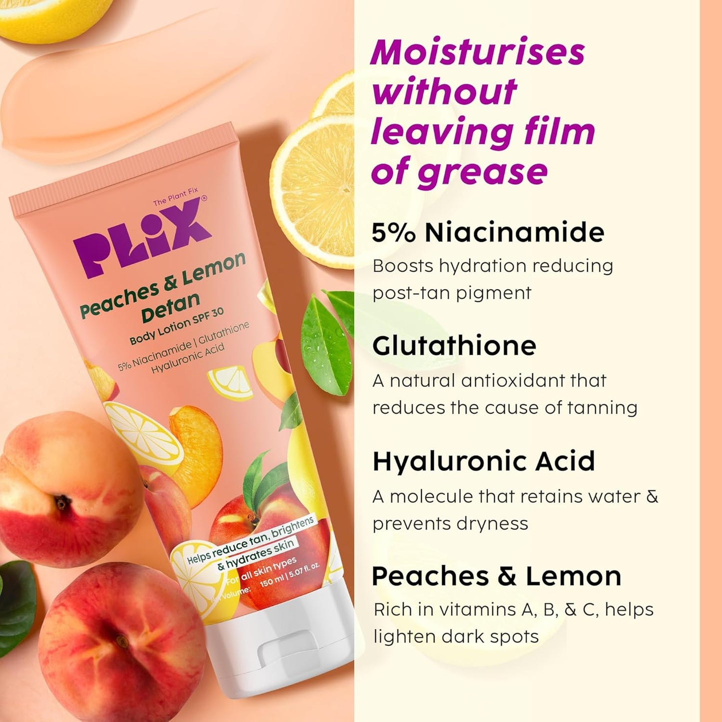 PLIX THE PLANT FIX Peaches & Lemon Detan Body Lotion with 5% Niacinamide | 150ml | Reduce Tan, Brighten & Hydrate Skin 150ml