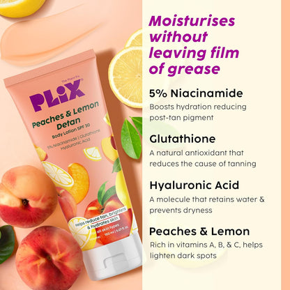 PLIX THE PLANT FIX Peaches & Lemon Detan Body Lotion with 5% Niacinamide | 150ml | Reduce Tan, Brighten & Hydrate Skin 150ml