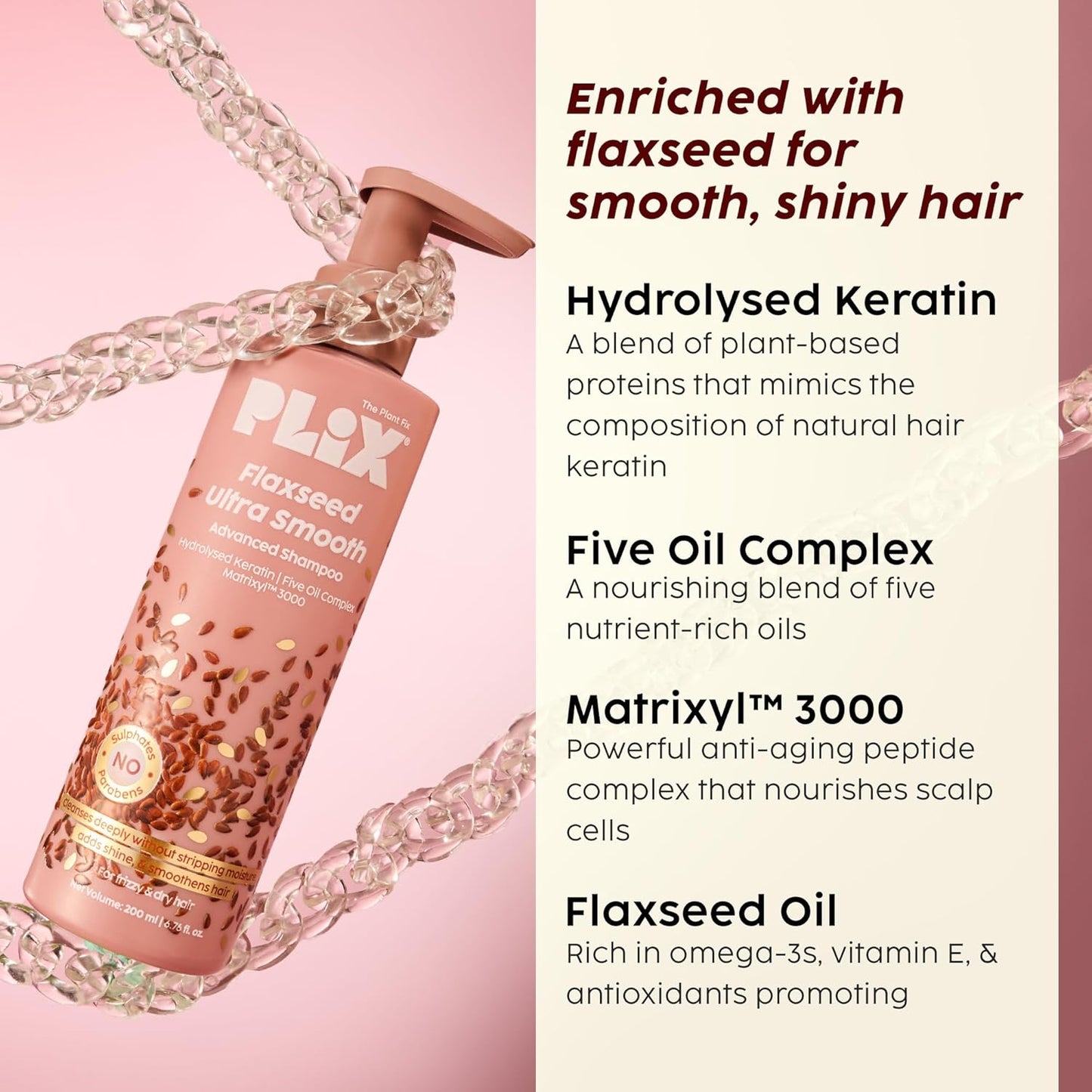 PLIX - THE PLANT FIX Flaxseed Ultrasmooth Advanced Shampoo | Plant Keratin PF & Flaxseed Oil | For Smooth & Shiny Hair | Paraben & Sulphate Free 200ml