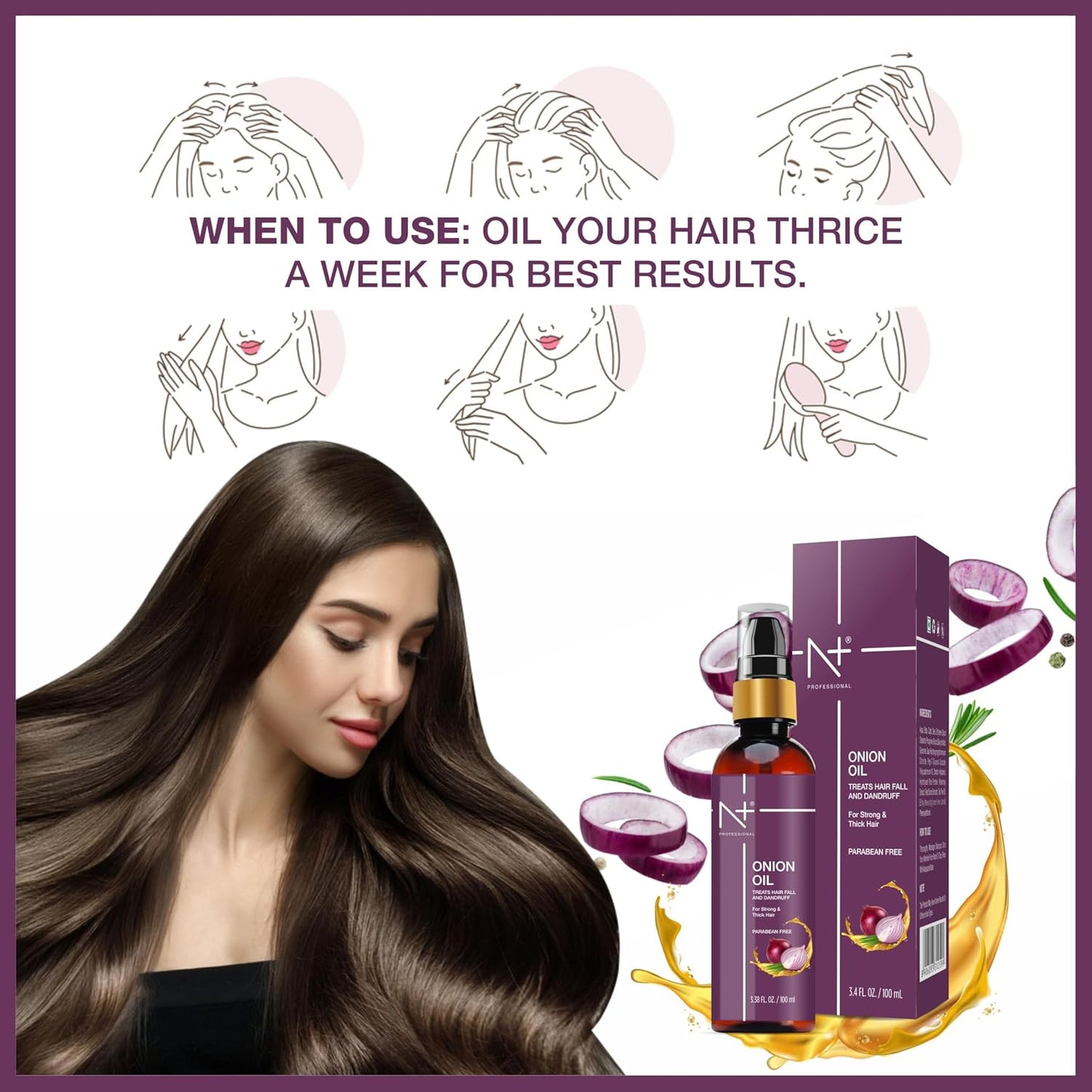 N+ Professional Onion Hair Oil | Enriched with Onion Extract | Reduces Hair Fall, Controls Dandruff & Strengthens Hair | Nourishing & Scalp-Revitalizing