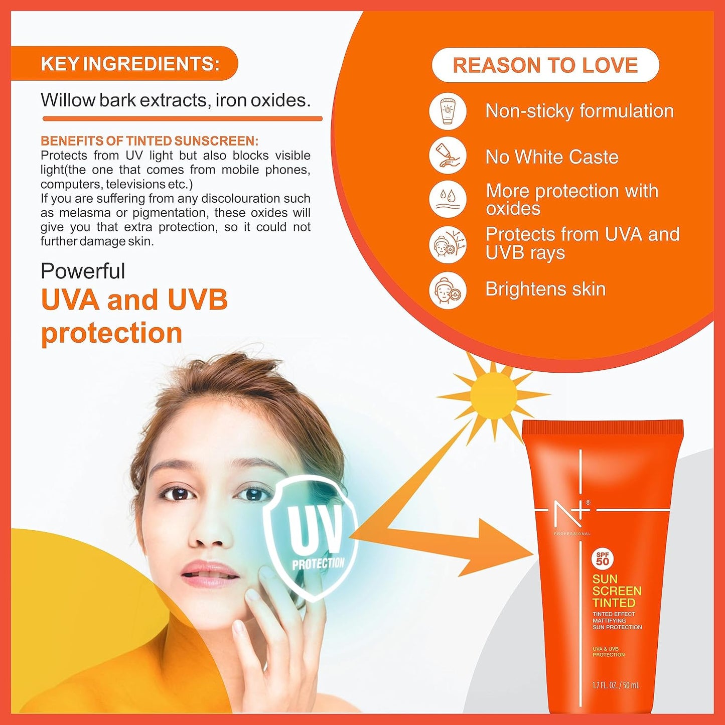 N Plus Professional Sun Screen Tinted SPF 50 with Tinted Effect, Mattifying Sun Protection, UVA & UVB Protection | Pack of 2
