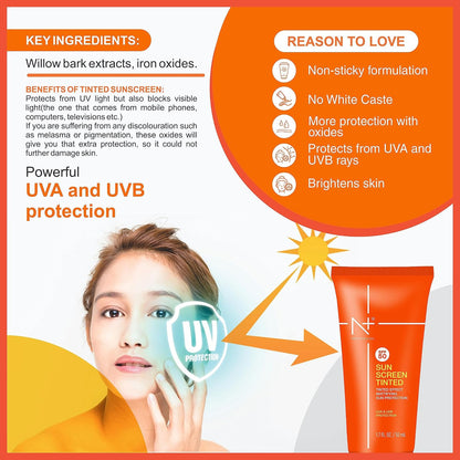 N Plus Professional Sun Screen Tinted SPF 50 with Tinted Effect, Mattifying Sun Protection, UVA & UVB Protection | Pack of 2
