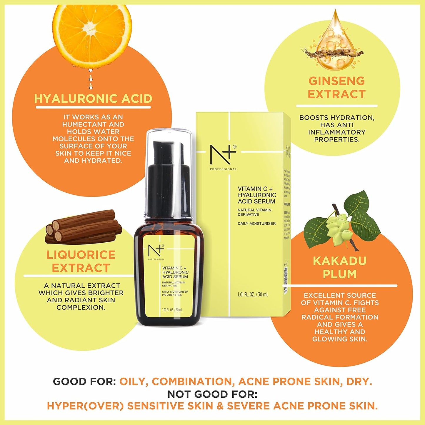 N Plus Professional 20% Vitamin C & Hyaluronic Acid Paraben Free Face Serum for Skin Radiance & Glowing Skin, 30ml
