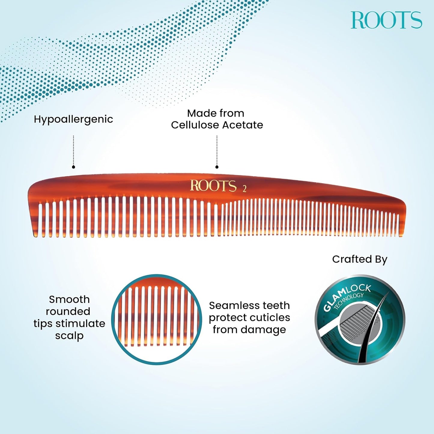 ROOTS Classic Comb | Dual Teeth For Styling/Detangling | Smooth & Round Teeth prevent Hair & Scalp damage | For Women with Straight, Long, Wavy Hair | Wet & Dry use| Model No - 2