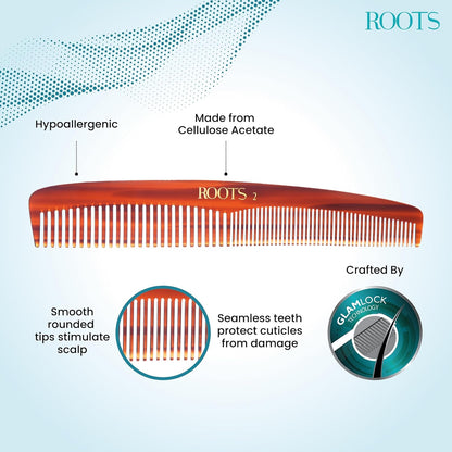 ROOTS Classic Comb | Dual Teeth For Styling/Detangling | Smooth & Round Teeth prevent Hair & Scalp damage | For Women with Straight, Long, Wavy Hair | Wet & Dry use| Model No - 2