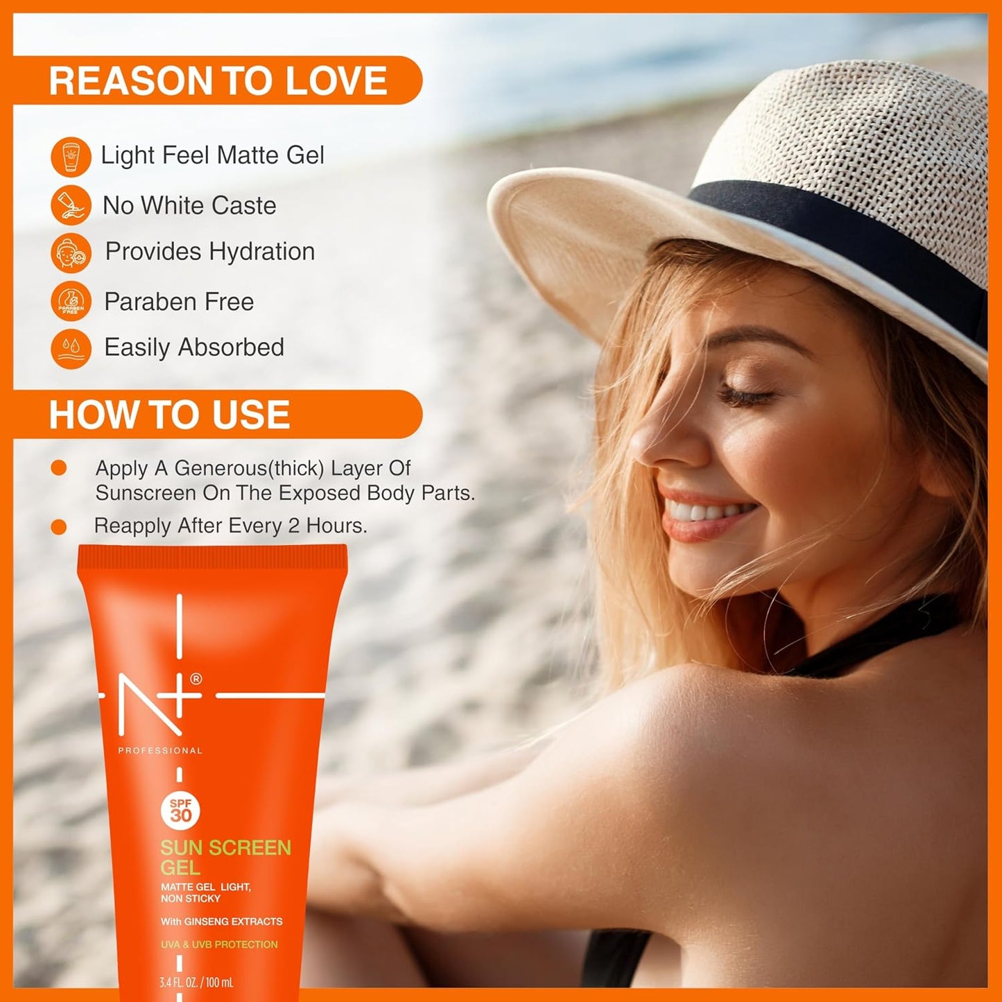 N Plus Professional Sun Screen Gel SPF 30, Matte Gel UVA & UVB Protection 100gm