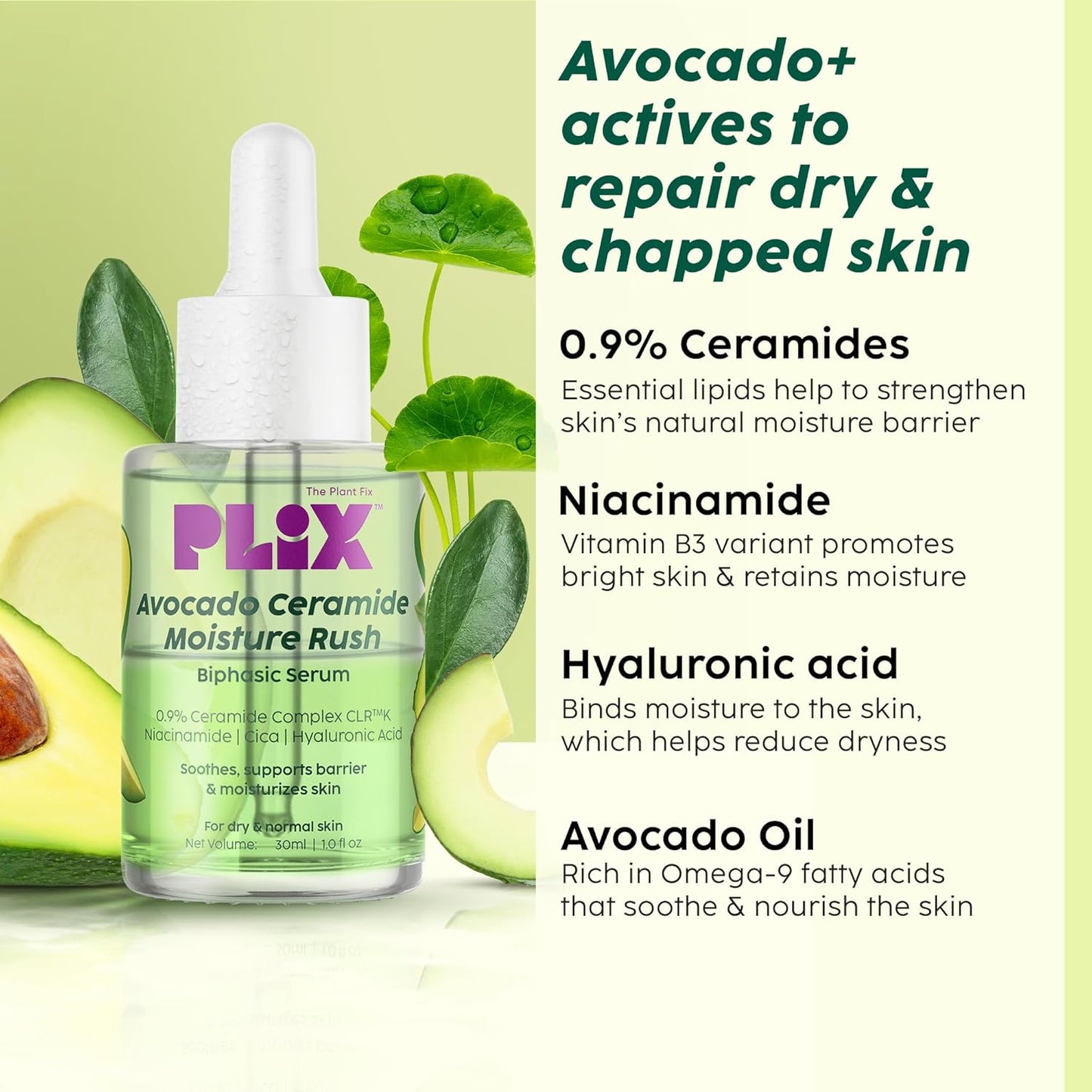 PLIX - THE PLANT FIX Avocado Ceramide Moisture Rush Biphasic Serum| For Deep Nourishment & Strengthened Skin Barrier| Nourishes and Hydrates Skin 30gm