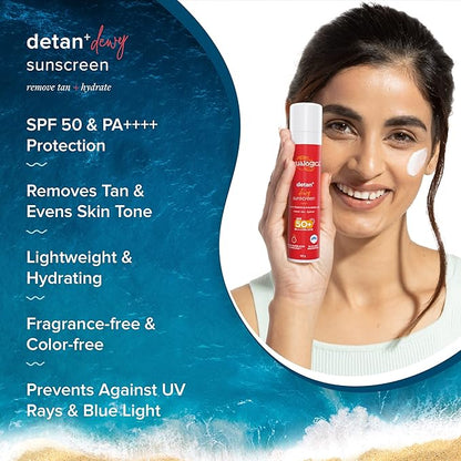 Aqualogica Detan+ Dewy Lightweight Sunscreen with SPF 50+ & PA++++ for UVA/B & Blue Light Protection | Normal, Sensitive & Dry Skin | Tan Removal & No White Cast for Men & Women - 50g