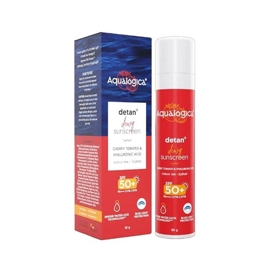 Aqualogica Detan+ Dewy Lightweight Sunscreen with SPF 50+ & PA++++ for UVA/B & Blue Light Protection | Normal, Sensitive & Dry Skin | Tan Removal & No White Cast for Men & Women - 50g