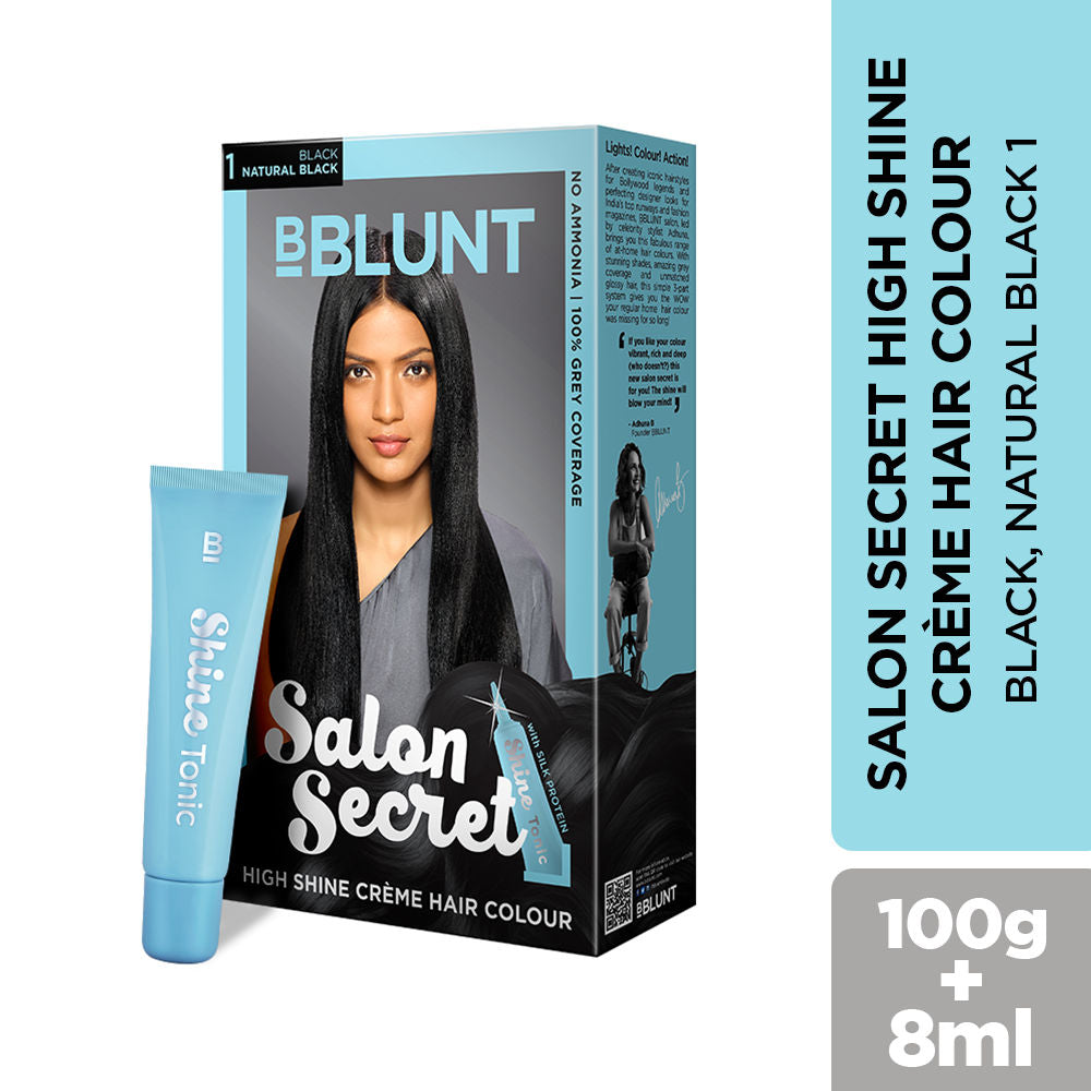 BBLUNT Salon Secret High Shine Creme Hair Colour - Black Natural Black 1 (100gm+8ml)