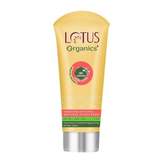 Lotus Organics+ Sheer Brightening Mineral Sunscreen SPF 50 PA+++ - 100% Chemical Free, Certified Organic Actives (100gm)