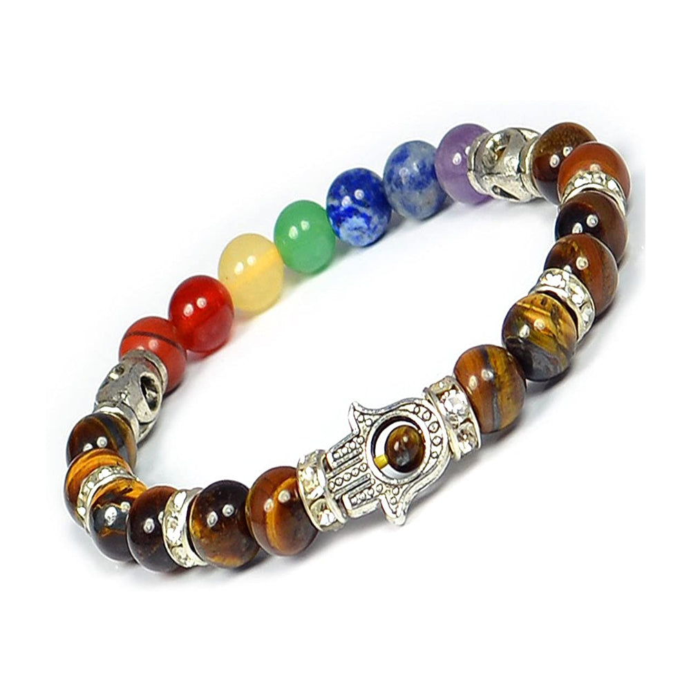 Reiki Crystal Products Tiger Eye Bracelet 7 Chakra Bracelet Combination Bracelet Crystal Bracelet 8 mm Stone Bracelet with Hamsa Charm Bracelet (Color : Multi)