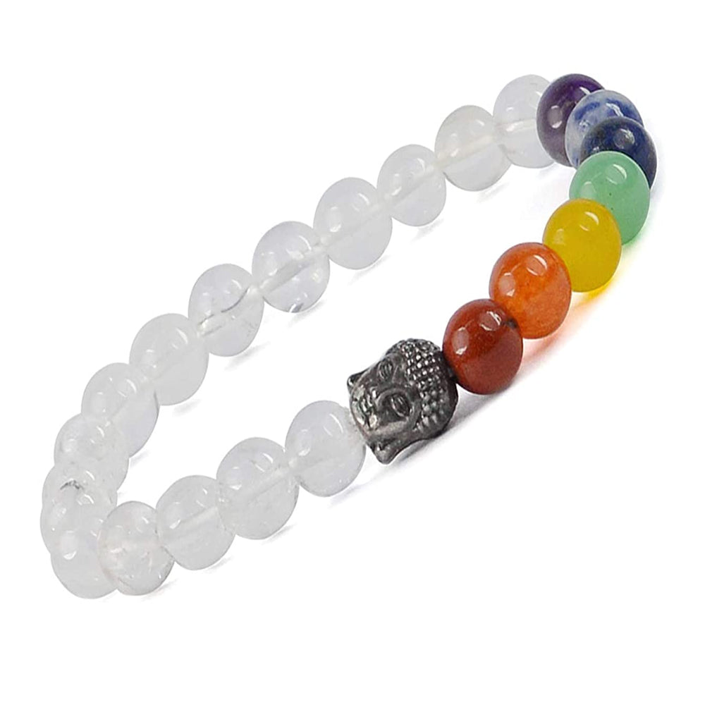 Reiki Crystal Products Natural Clear Quartz Bracelet 7 Chakra with Buddha Head Crystal Stone Bracelet for Reiki Healing and Crystal Healing Stones (Color : Multi)