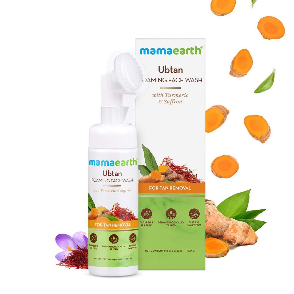 Mamaearth Ubtan Foaming Face Wash With Brush With Turmeric & Saffron For Tan Removal (150ml)
