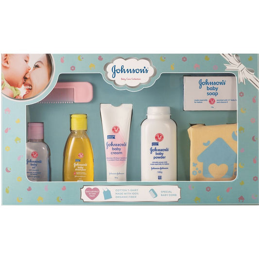 Johnson's Baby Care Collection with Organic Cotton Baby Tshirt (7 Gift Items, Blue) (225gm+100ml)