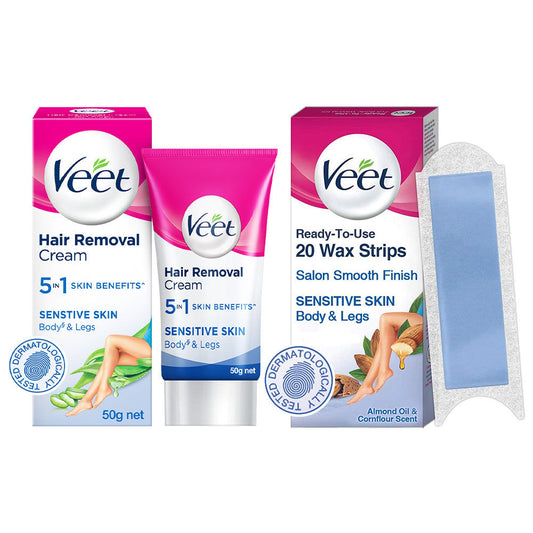 Veet Full Body Hair Removal Kit for Sensitive Skin - 20 Wax Strips (Arms & Legs) + Hair Removal Cream