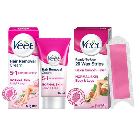 Veet Full Body Hair Removal Kit for Normal Skin - 20 Wax Strips (Arms & Legs) + Hair Removal Cream