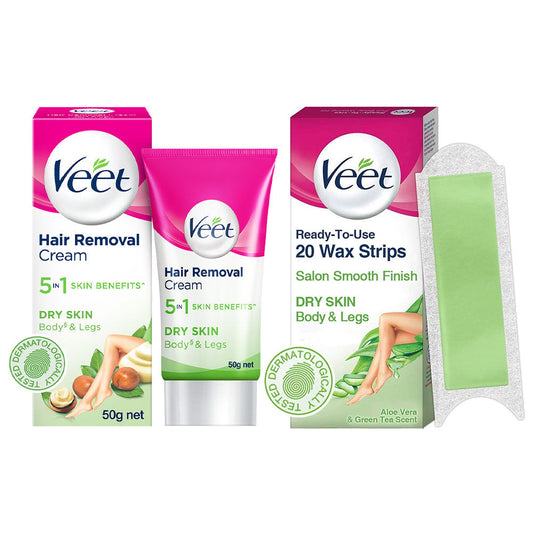 Veet Full Body Hair Removal Kit for Dry Skin - 20 Wax Strips (Arms & Legs) + Hair Removal Cream